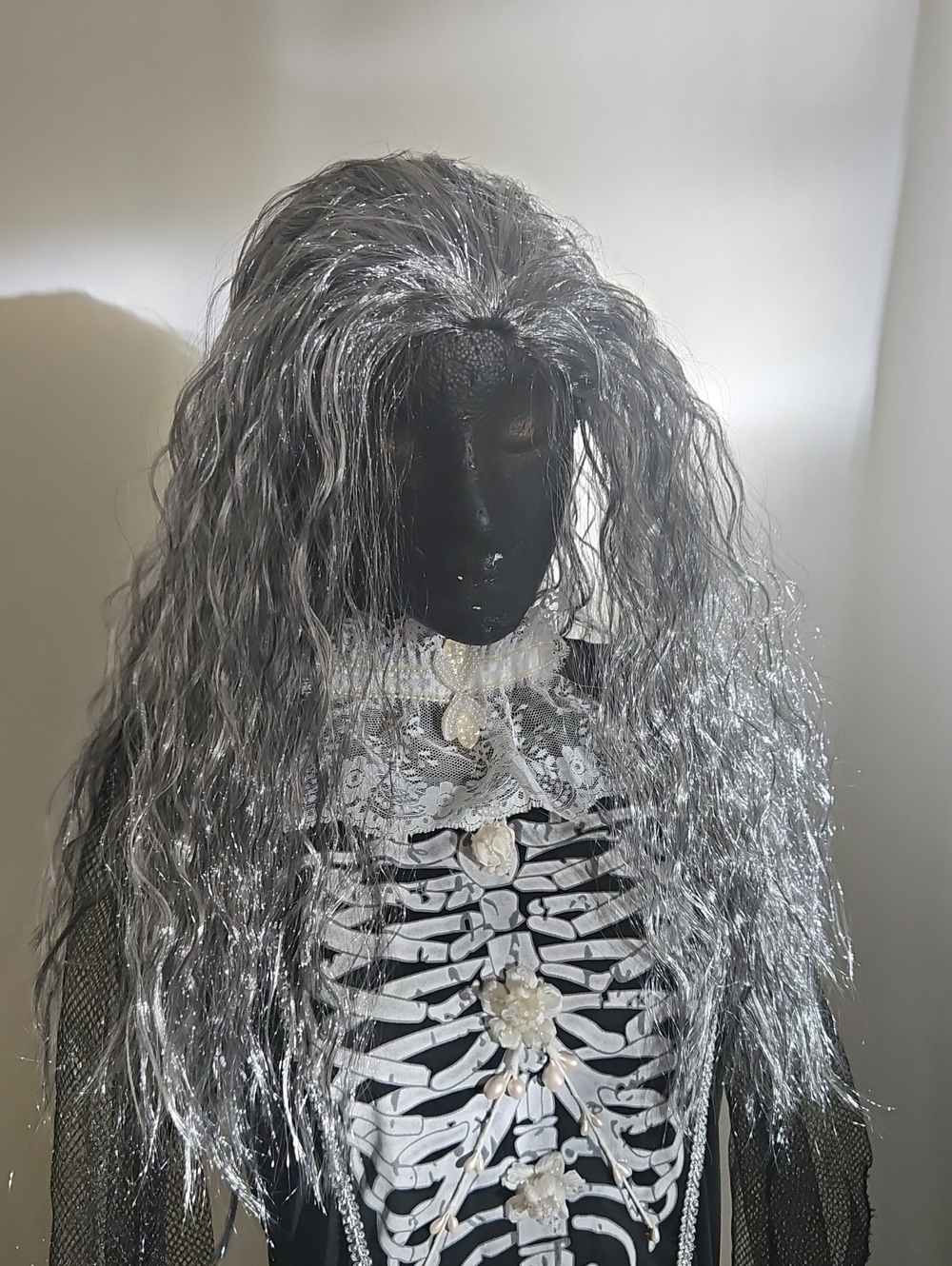 Upcycled Ghost Of Ophelia Gothic Skeleton Costume Black & Silver Gown L - Picture 7 of 15